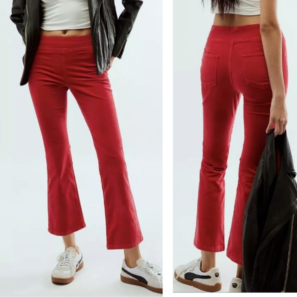 Free People In My Feelings Velvet Cropped Kick Flare Ankle Pants Sz Lg Pink-Red